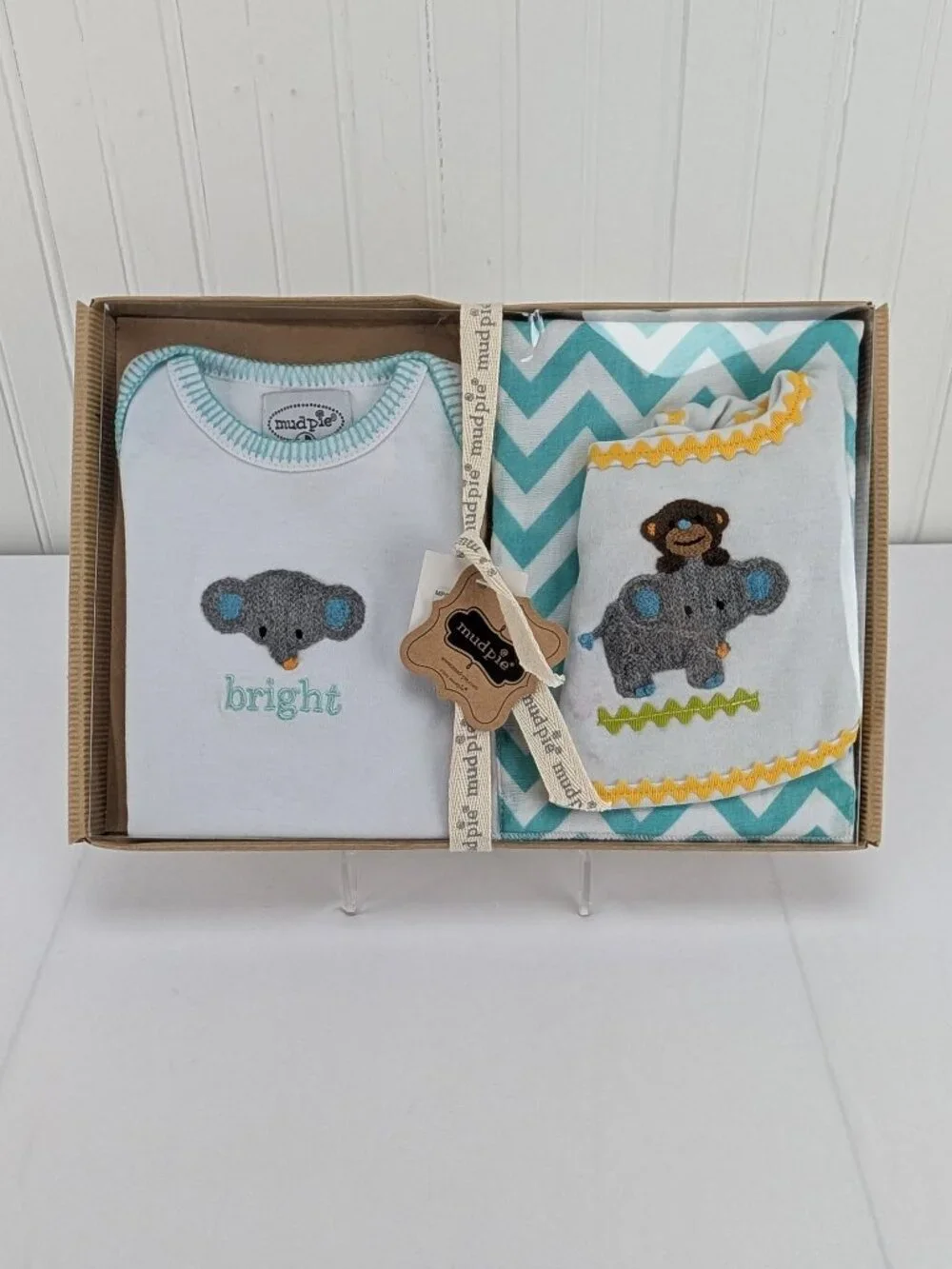 Mud Pie Elephant Crawler Burp Set 0-6 Months Gender Neutral Baby Gift 3 Piece
